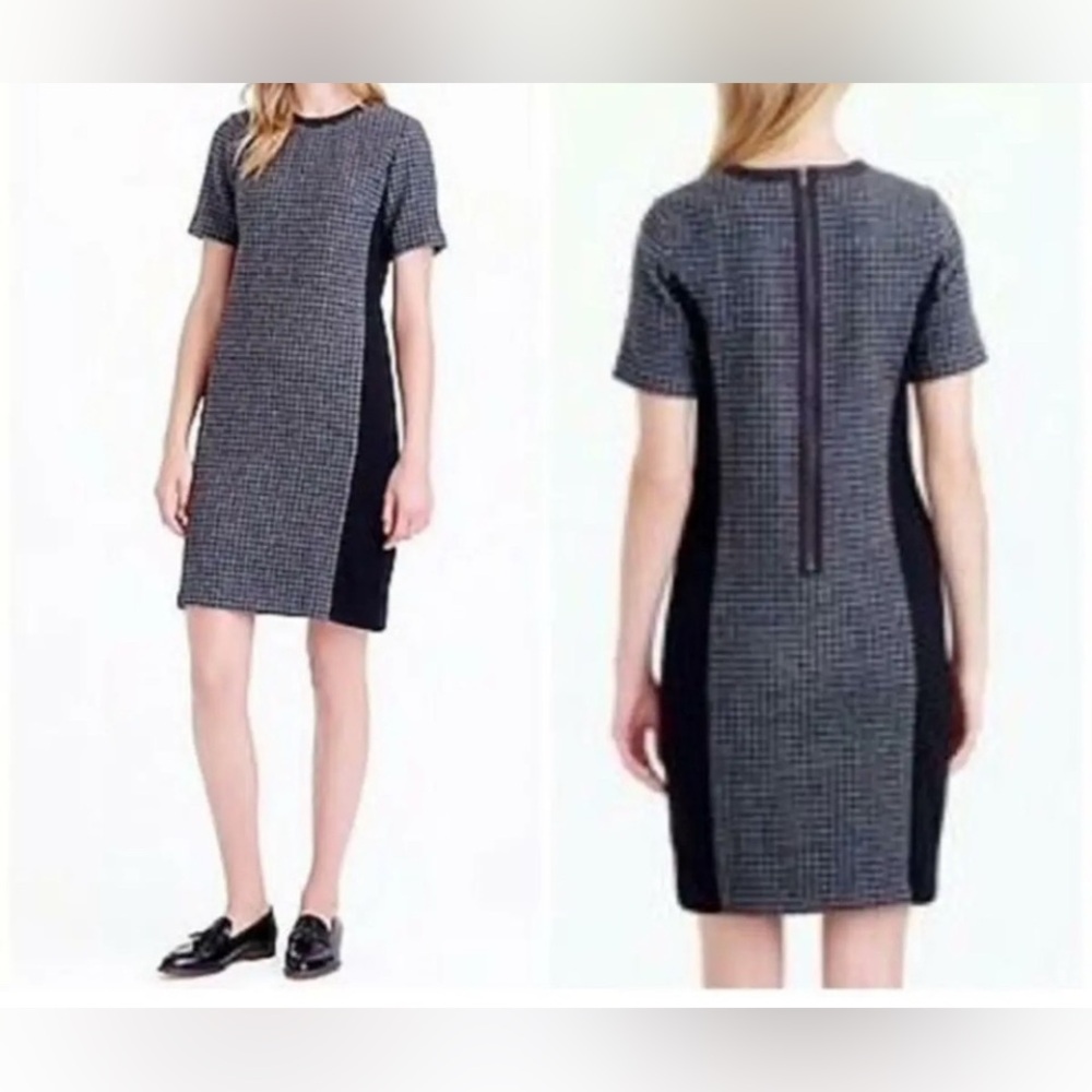 NEW J. Crew Black & Gray Houndstooth 100% Wool Dress lined w/ Leather Trim Sz 4